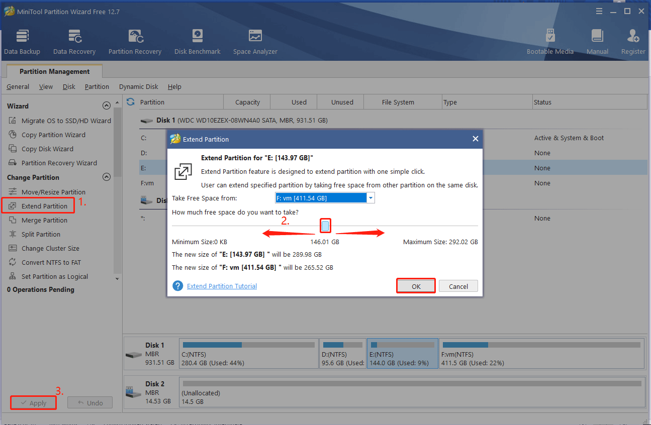 extend partition using the MiniTool software