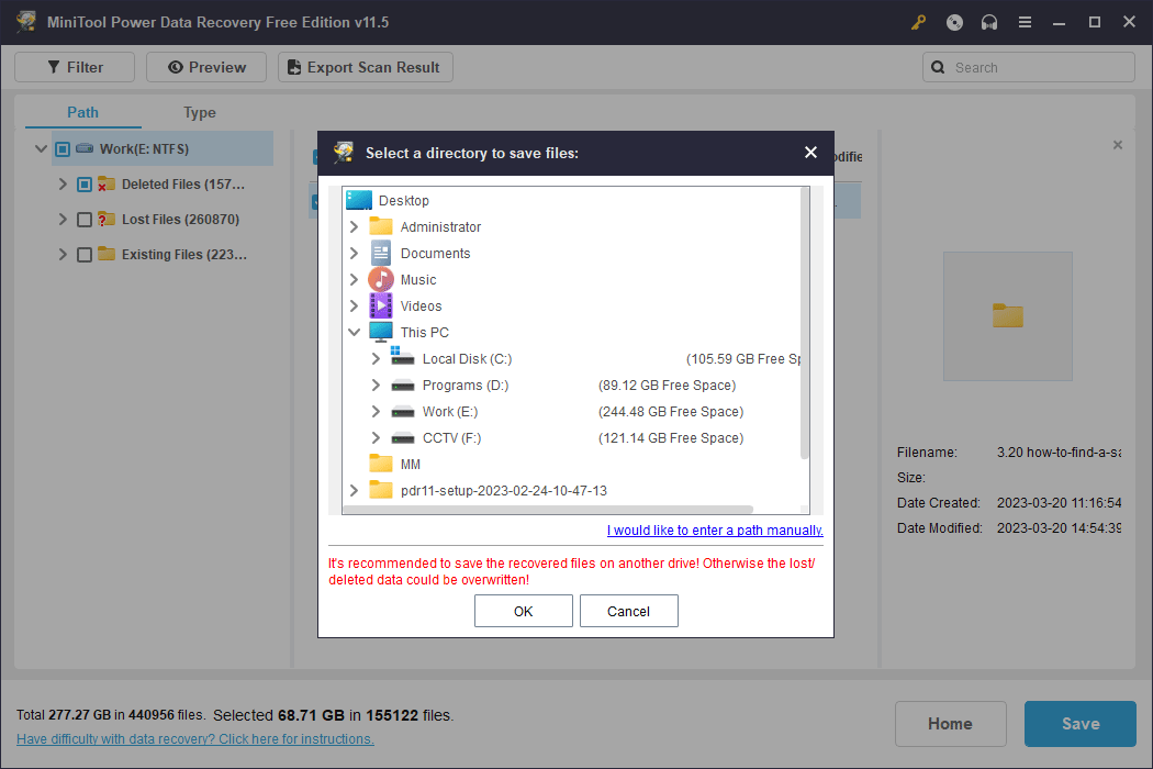 choose a location to save the selected files