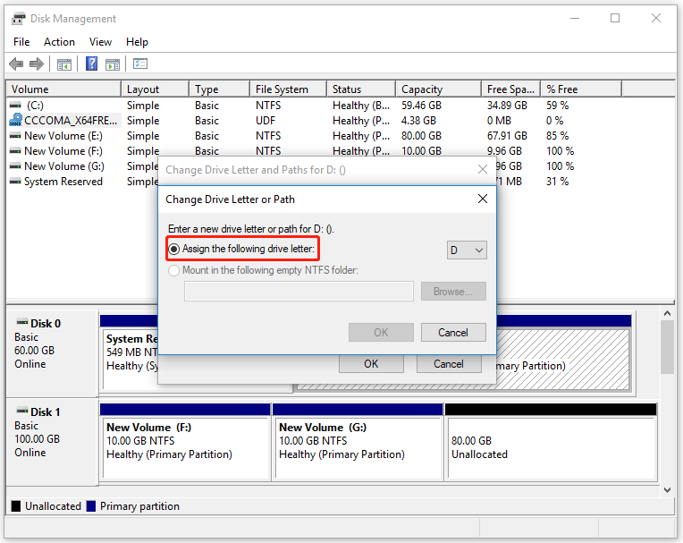 choose Assign the following drive letter