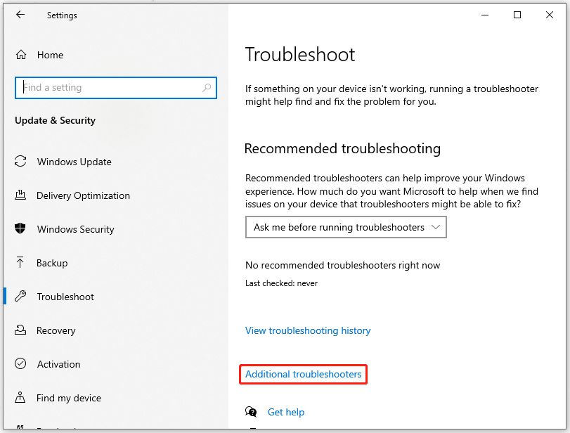 click Additional troubleshooters