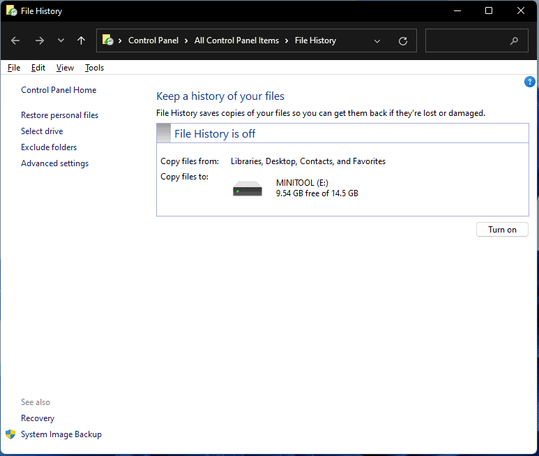 turn on File History Windows 11