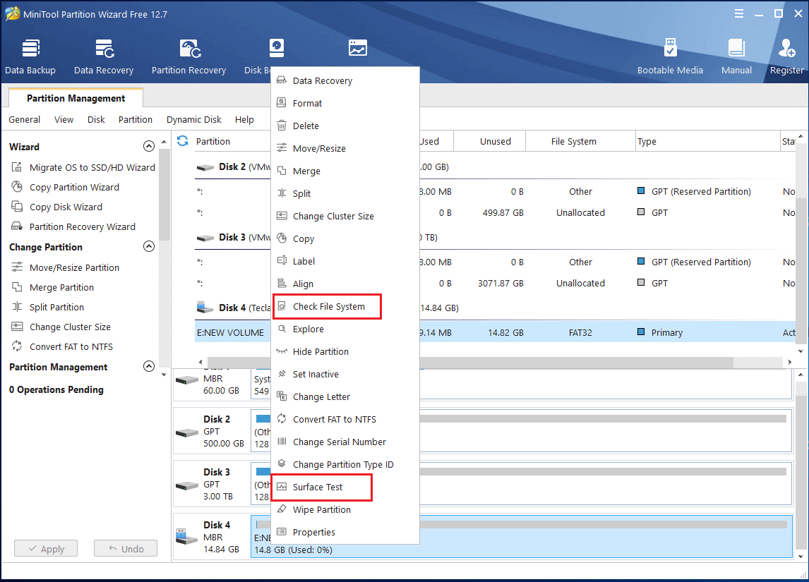 select Check File System or Surface Test