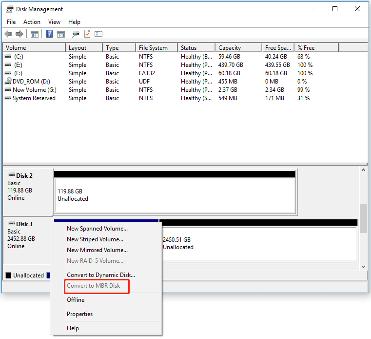 convert to MBR disk greyed out