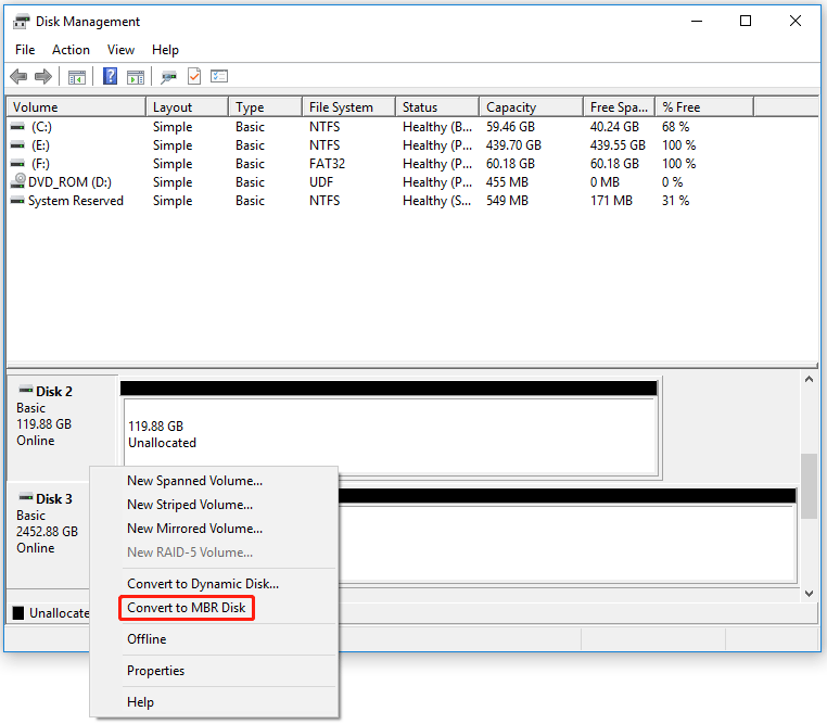 Convert to MBR Disk in Disk Management