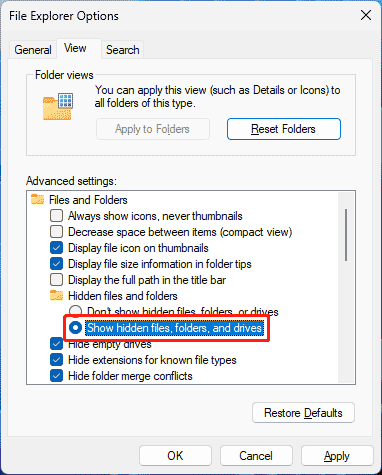 select show hidden files, folders, drives