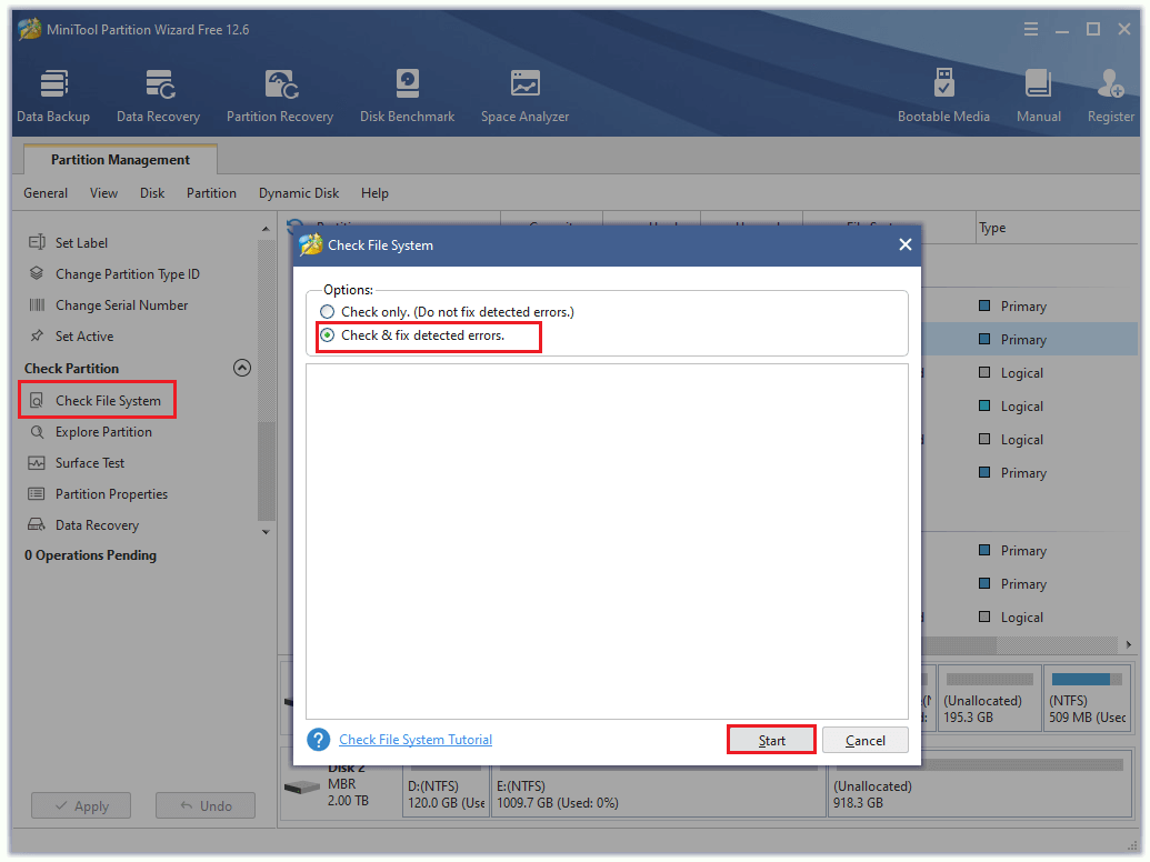 select Check & fix detected errors