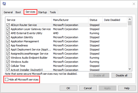 click Hide all Microsoft services