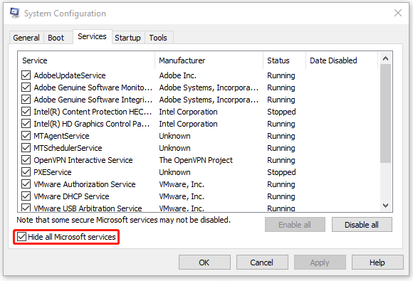 check Hide all Microsoft services