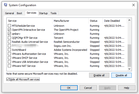 tick hide all Microsoft service 