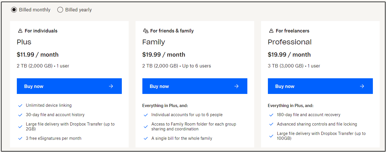 upgrade Dropbox plan 