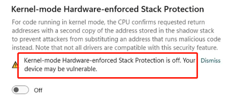 Kernel-mode Hardware-enforced Stack Protection is off