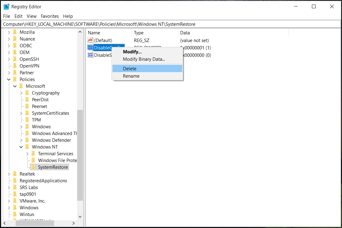 delete DisableConfig and DisableSR in Registry