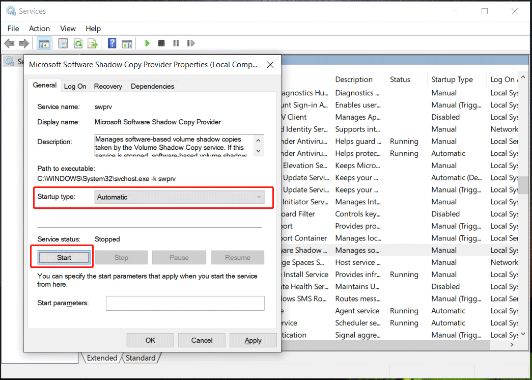 run Microsoft Software Shadow Copy Provider service