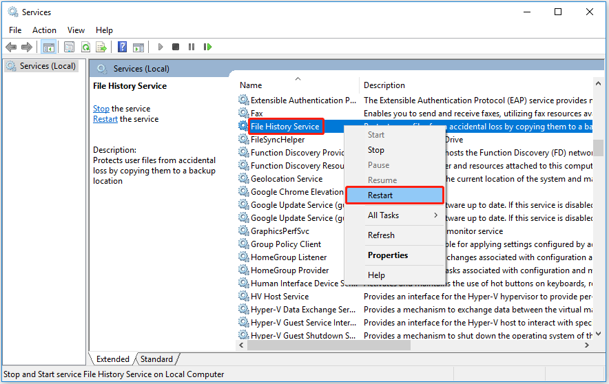 restart the File History Service