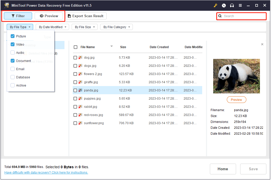filter, search, and preview found files