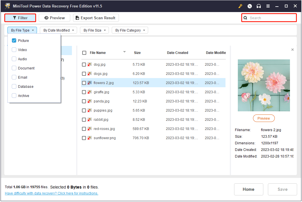 filter and search files