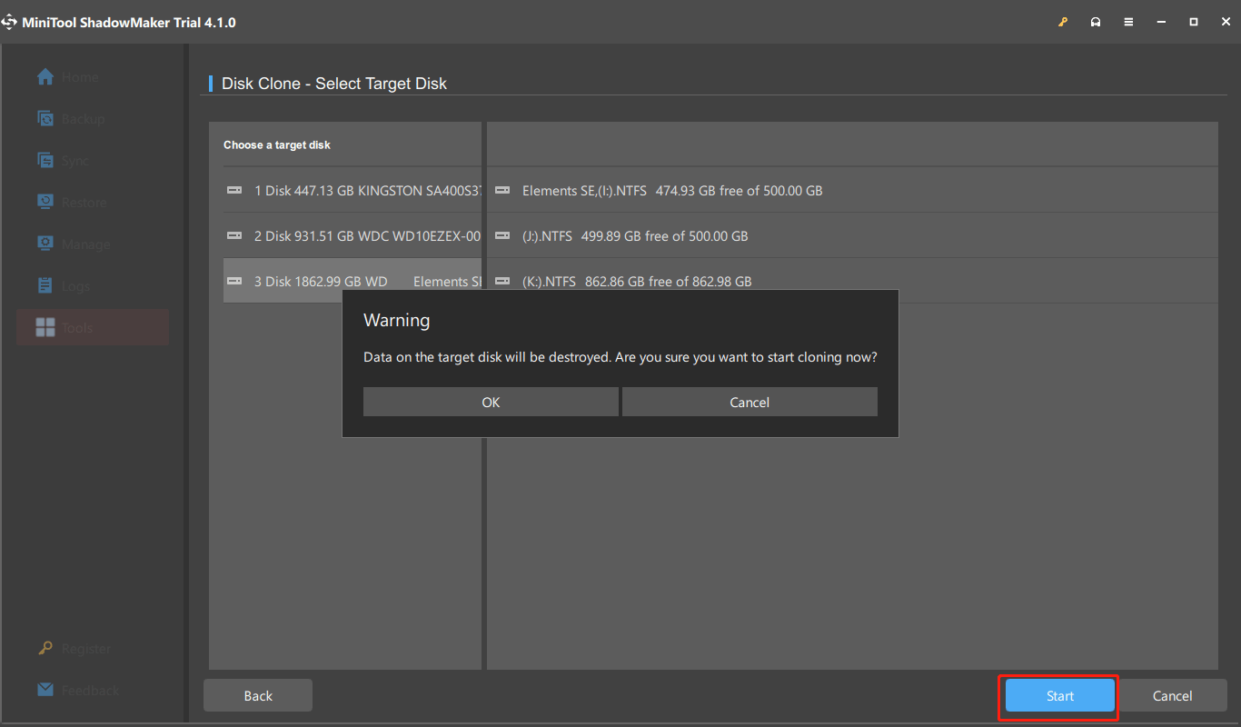 choose source and target disk