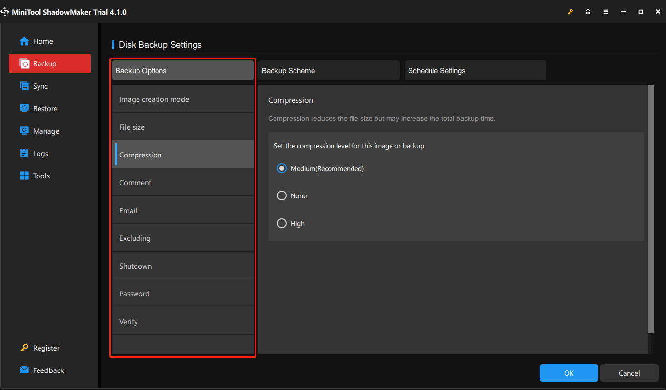 MiniTool ShadowMaker backup options