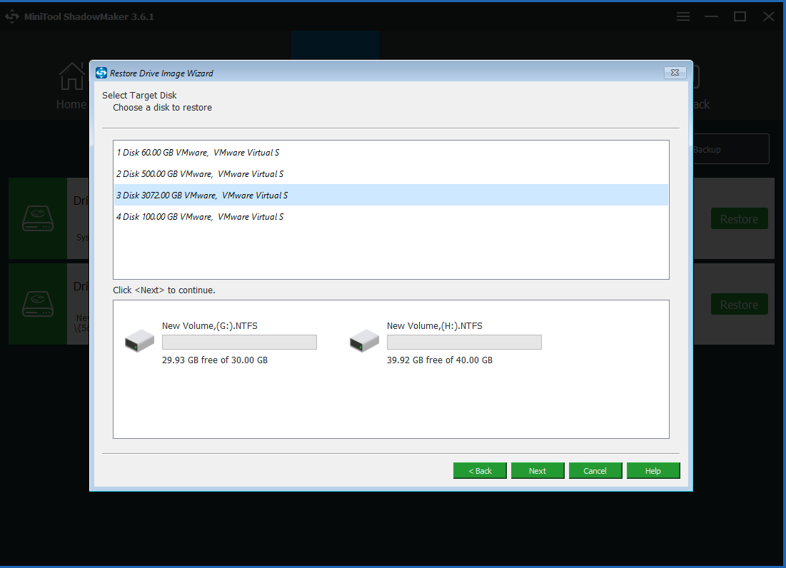 choose a disk for restoration  