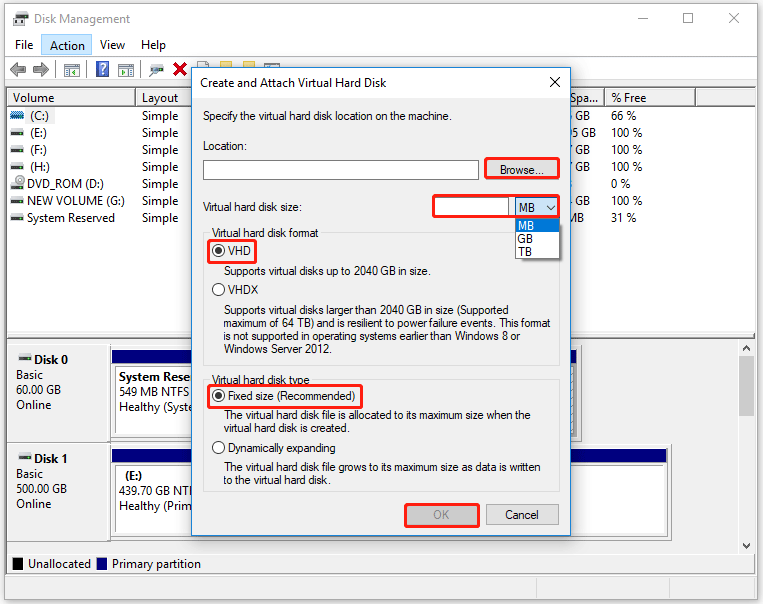 configure virtual hard disk settings