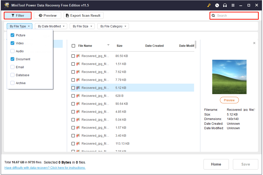 filter and search for a file