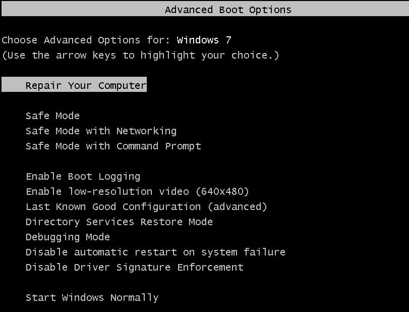 Windows 7 Advanced Boot Options