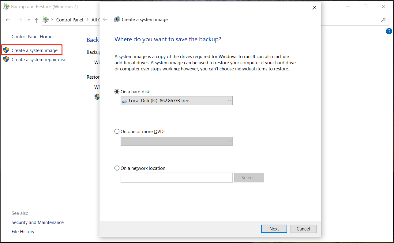 create a system image Windows 10