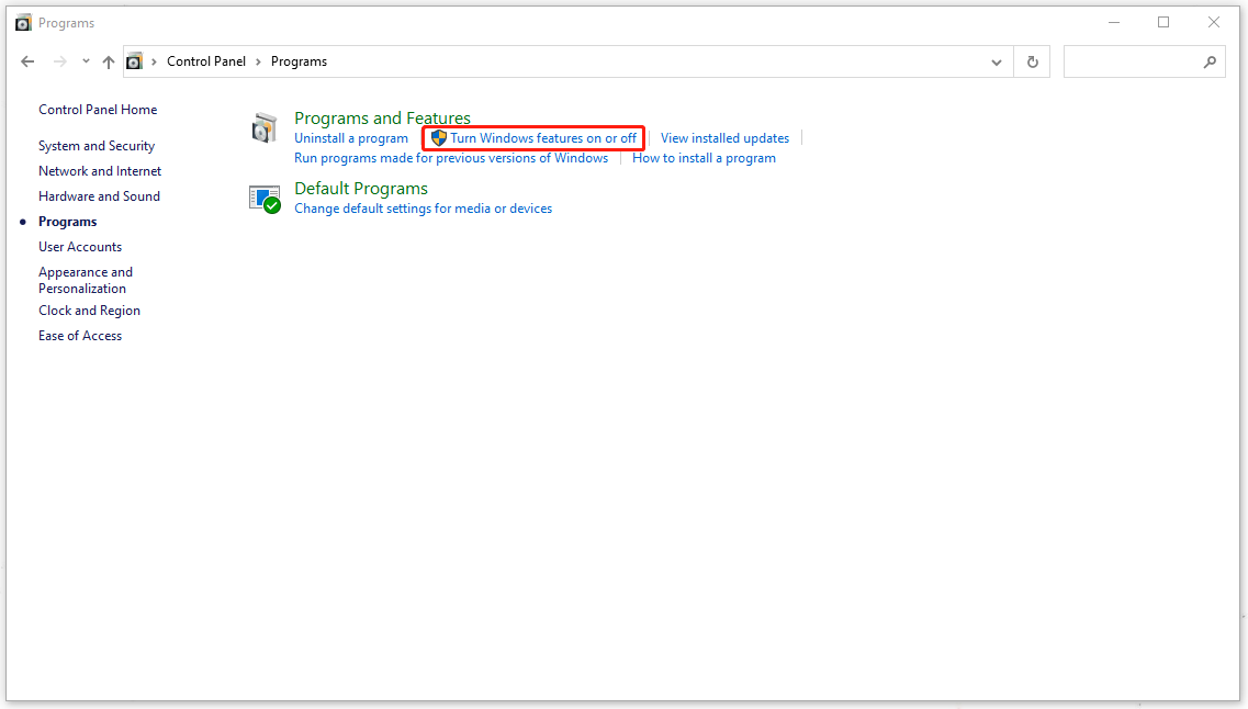 click Turn Windows features on or off