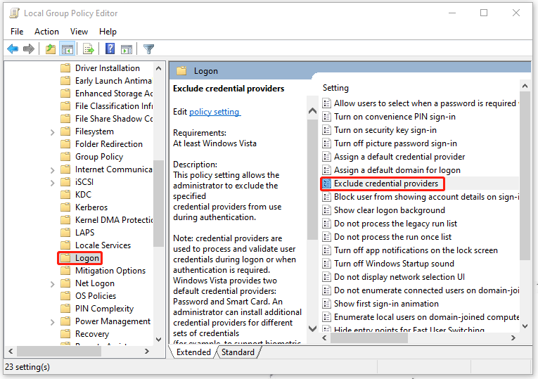 double-click Exclude credential providers