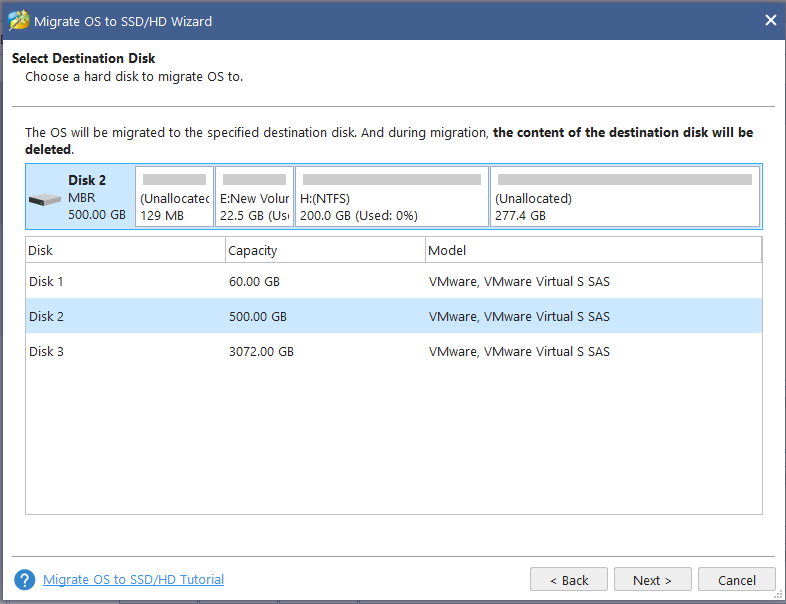 select the destination disk