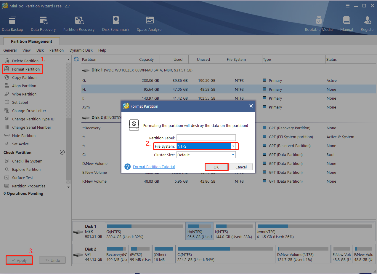 format a drive to NTFS using MiniTool