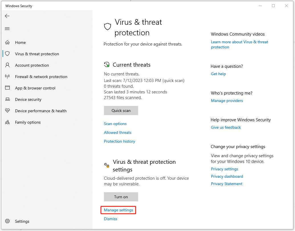 click Manage settings