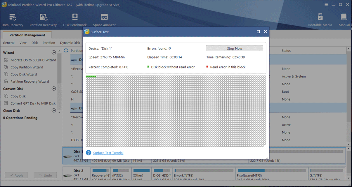 MiniTool Partition Wizard surface test