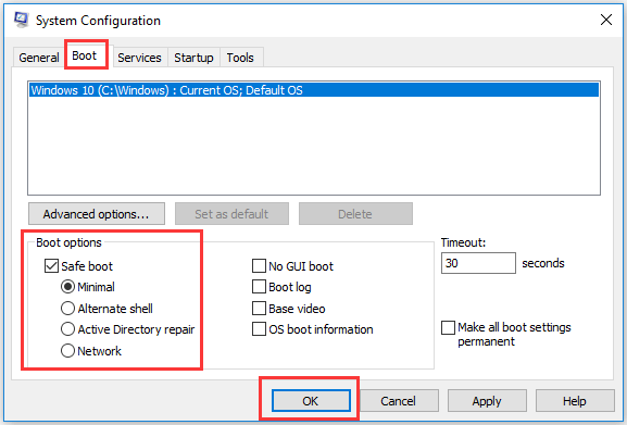 Ingrese al modo seguro a través de msconfig