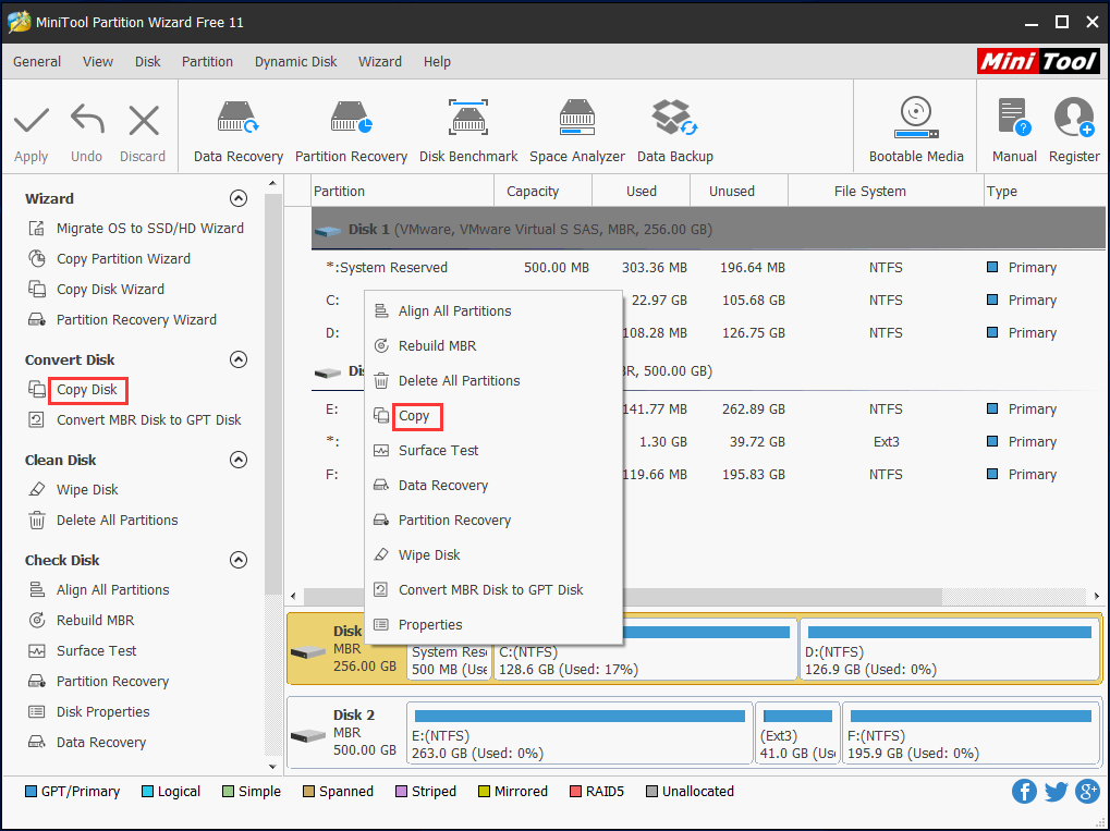 Disco de copia de MiniTool Partition Wizard