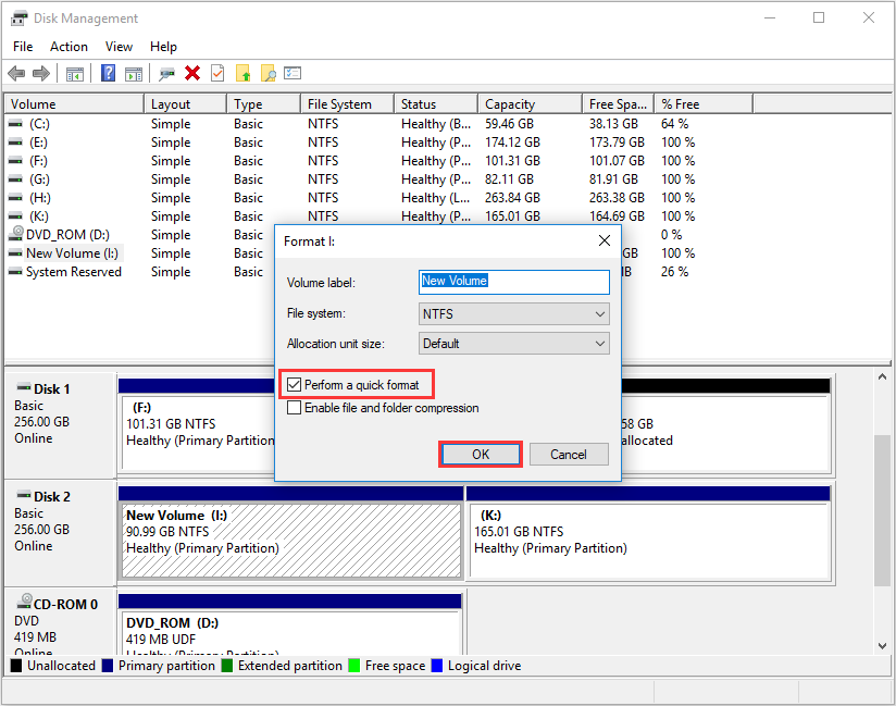 marque Realizar un formato rápido y haga clic en Aceptar