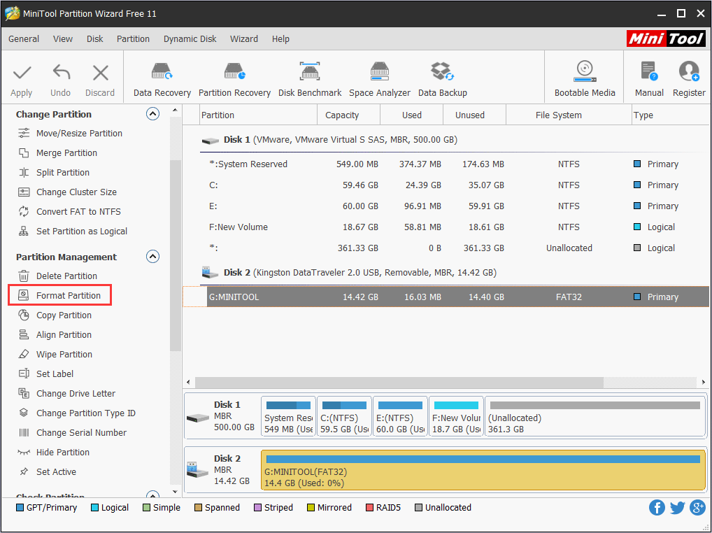 formatee la unidad USB en MiniTool Partition Wizard