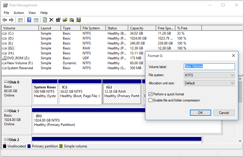 formatee la unidad RAW con Administración de discos