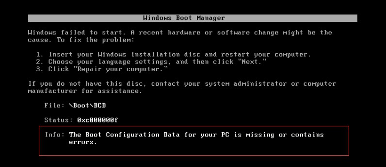 Faltan los datos de configuración de arranque de su PC o contienen errores