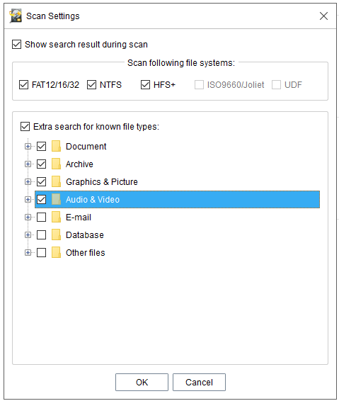 especifique el sistema de archivos necesario, así como los tipos de archivo antes de escanear