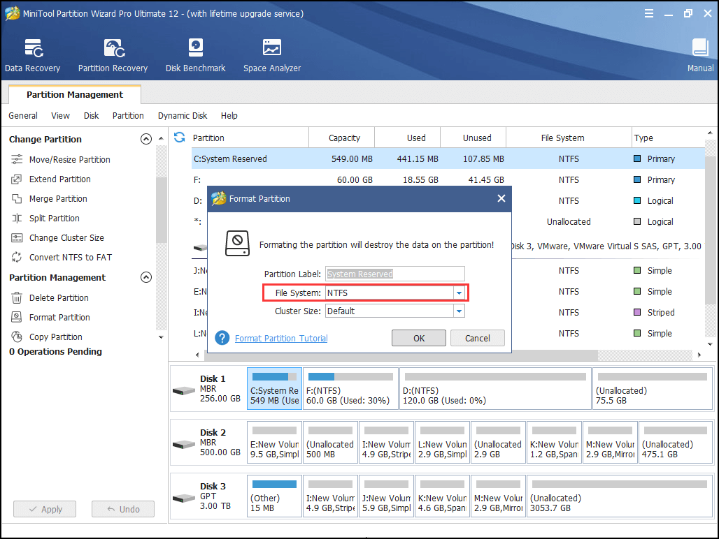 elija NTFS como el sistema de archivos de destino