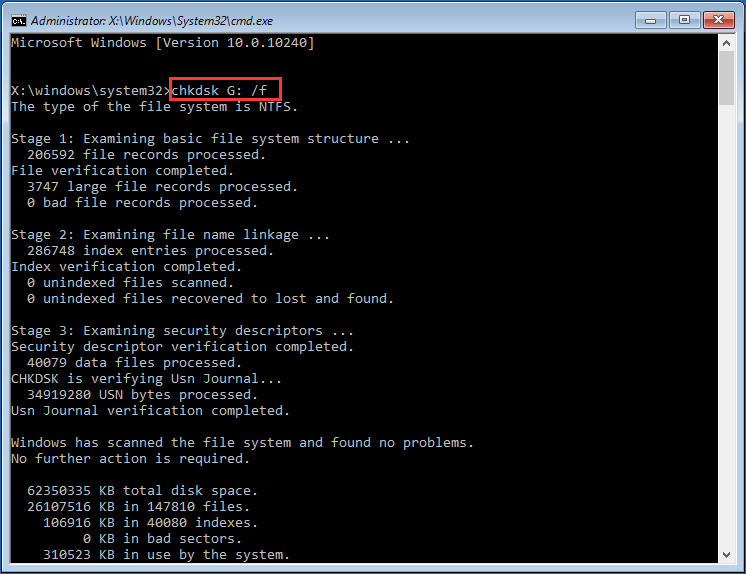 ejecute chkdsk en el medio de arranque del Asistente de partición