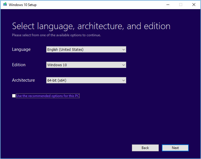 scegli la lingua, l'edizione e l'architettura per l'installazione di Windows 10