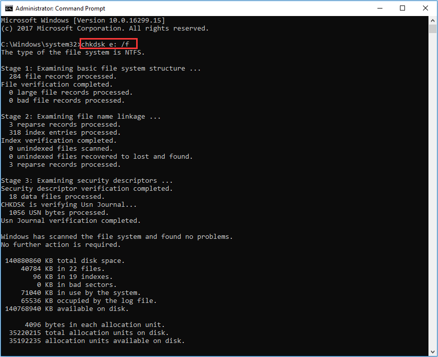 ejecuta chkdsk / f para corregir errores de disco