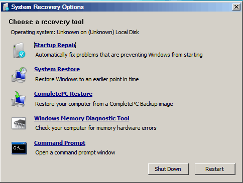 opciones de recuperación del sistema en Windows 7