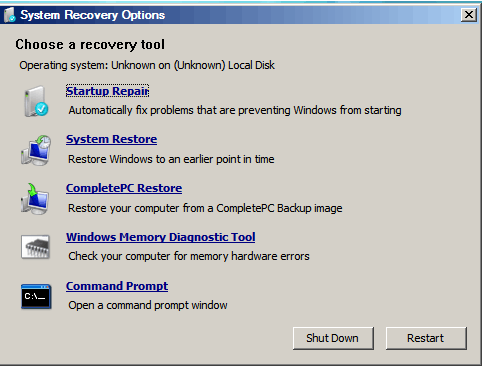 Opciones de recuperación del sistema de Windows 7