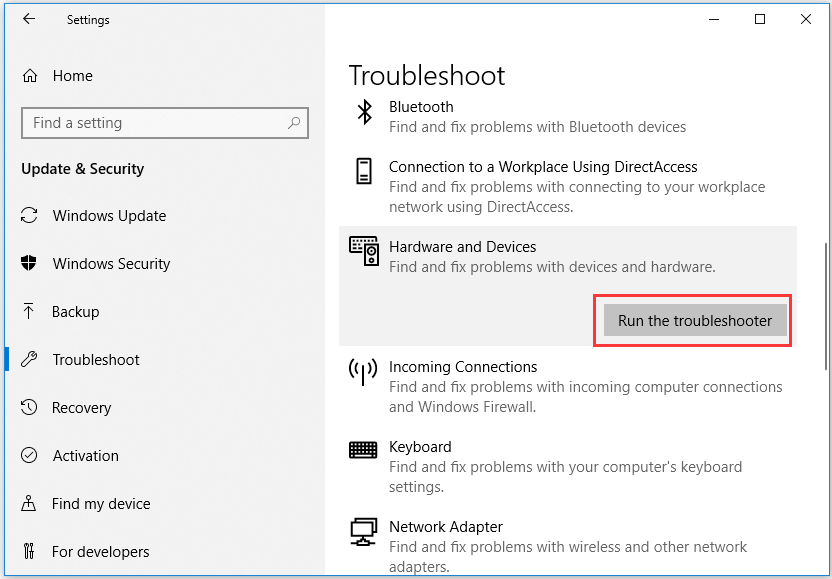 ejecutar el solucionador de problemas de hardware y dispositivos de Windows