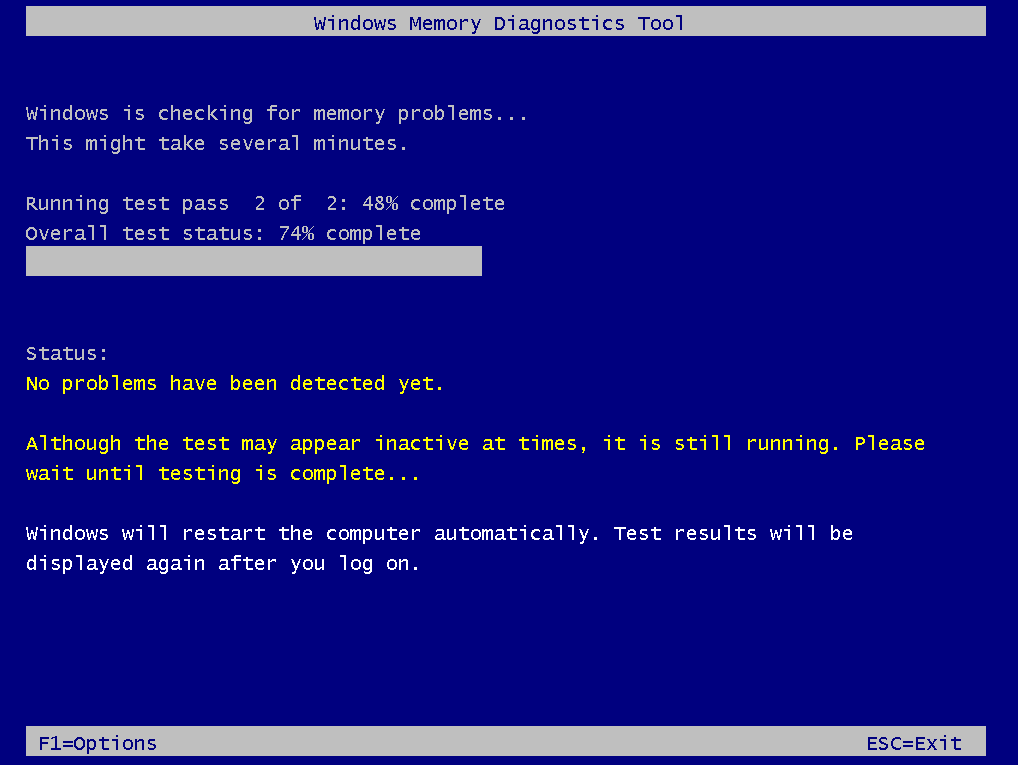 Pantalla de la herramienta de diagnóstico de memoria de Windows