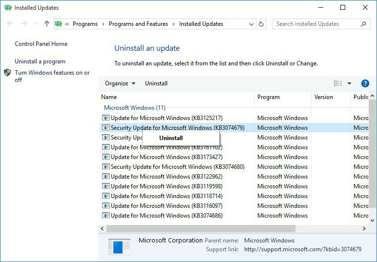 desinstalar la actualización de Windows