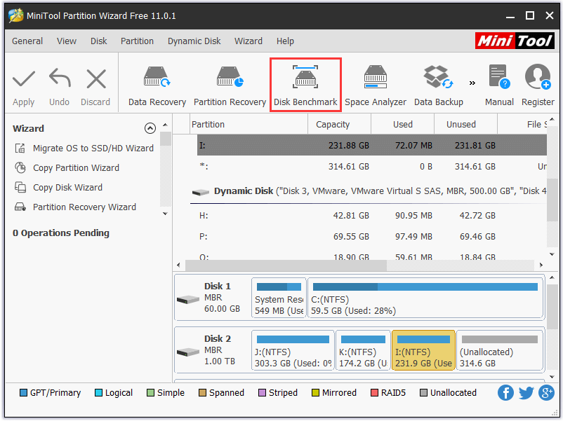 Haga clic en Benchmark de disco